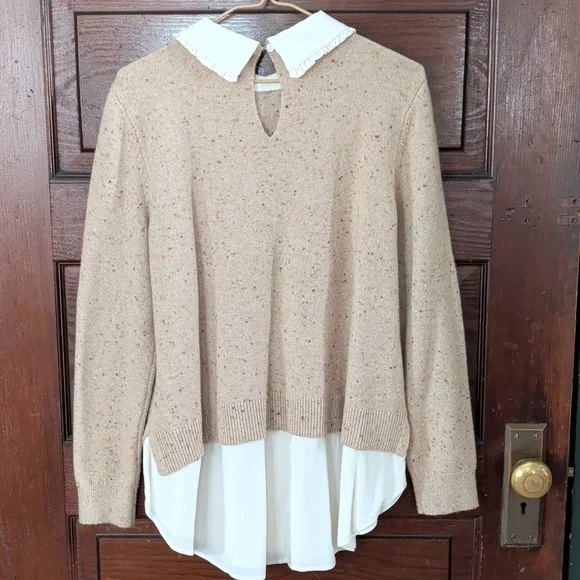 Neutral Marled Sweater Peter Pan Collar and Layered Shirt Hemline - Picture 5 of 12